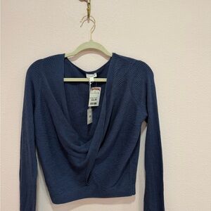 Blue Ribbed Knit Sweater